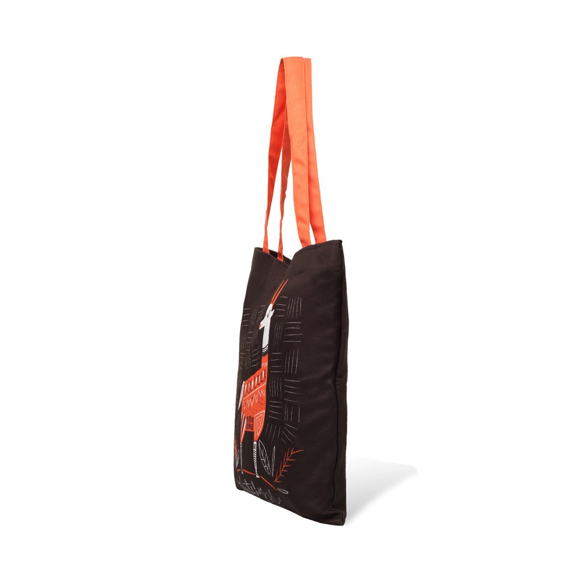 side view of  Black tote bag with an orange strap and a printed design of a white llama with orange and black geometric patterns.