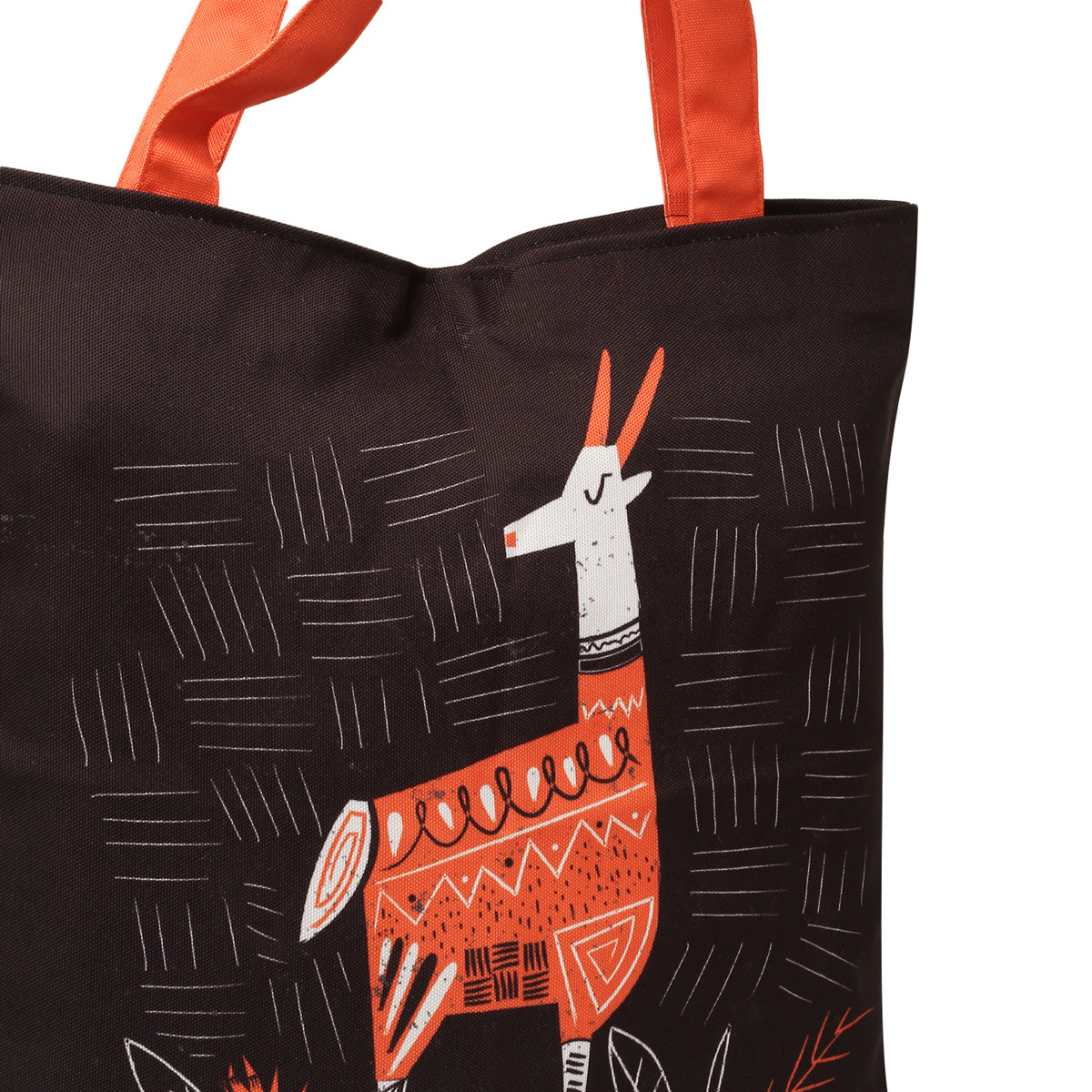 Black tote bag with an orange strap and a printed design of a white llama with orange and black geometric patterns.