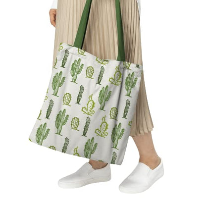 Chic green and white tote bag adorned with a charming cactus print, a must-have accessory for summer.