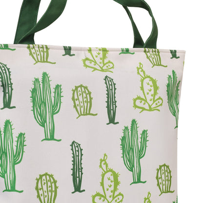 Trendy green and white tote bag decorated with a whimsical cactus print, a stylish choice for any occasion.