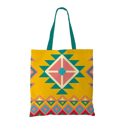 A vibrant yellow and blue tote bag adorned with a delightful pink and turquoise design.A vibrant yellow and blue tote bag featuring a delightful pink and turquoise design. Perfect for adding a pop of color to any outfit.