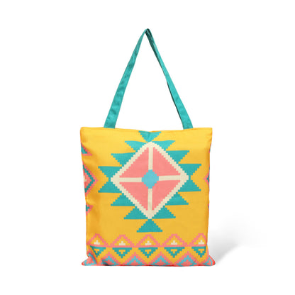 A vibrant yellow and blue tote bag featuring a delightful pink and turquoise design. Perfect for adding a pop of color to any outfit.