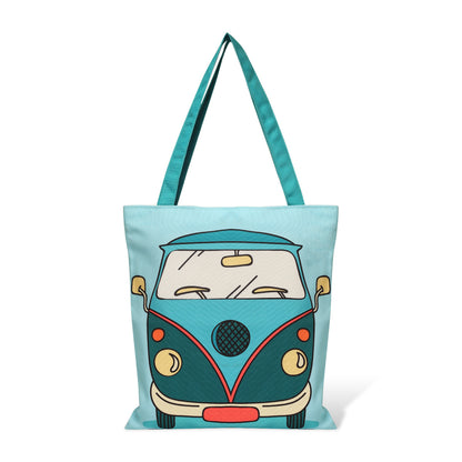 Fashionable tote bag with blue Volkswagen bus print