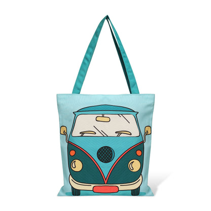 Trendy tote bag with book and headphones in Volkswagen bus design