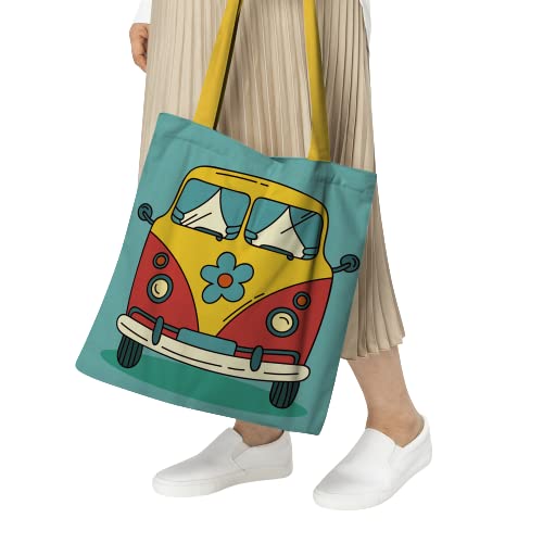 Women carrying a vibrant tote bag featuring a cute cartoon van, ideal for adding a pop of color to your outfit.