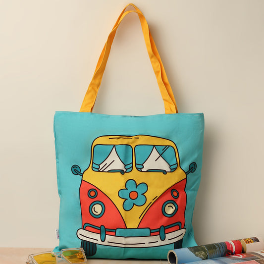 A vibrant tote bag featuring a VW bus design, adding a touch of color and retro style to your accessories.