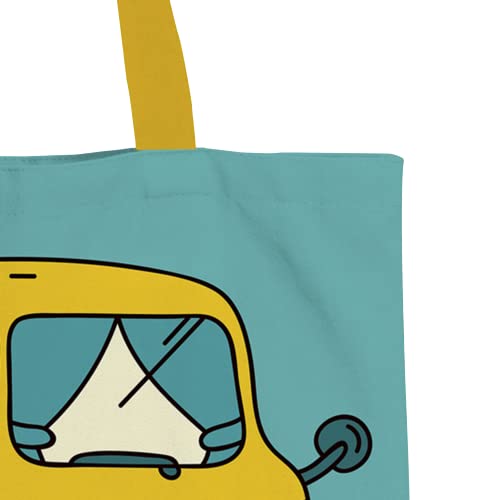 Fun tote bag with whimsical van illustration, great for adding a playful touch to your look.