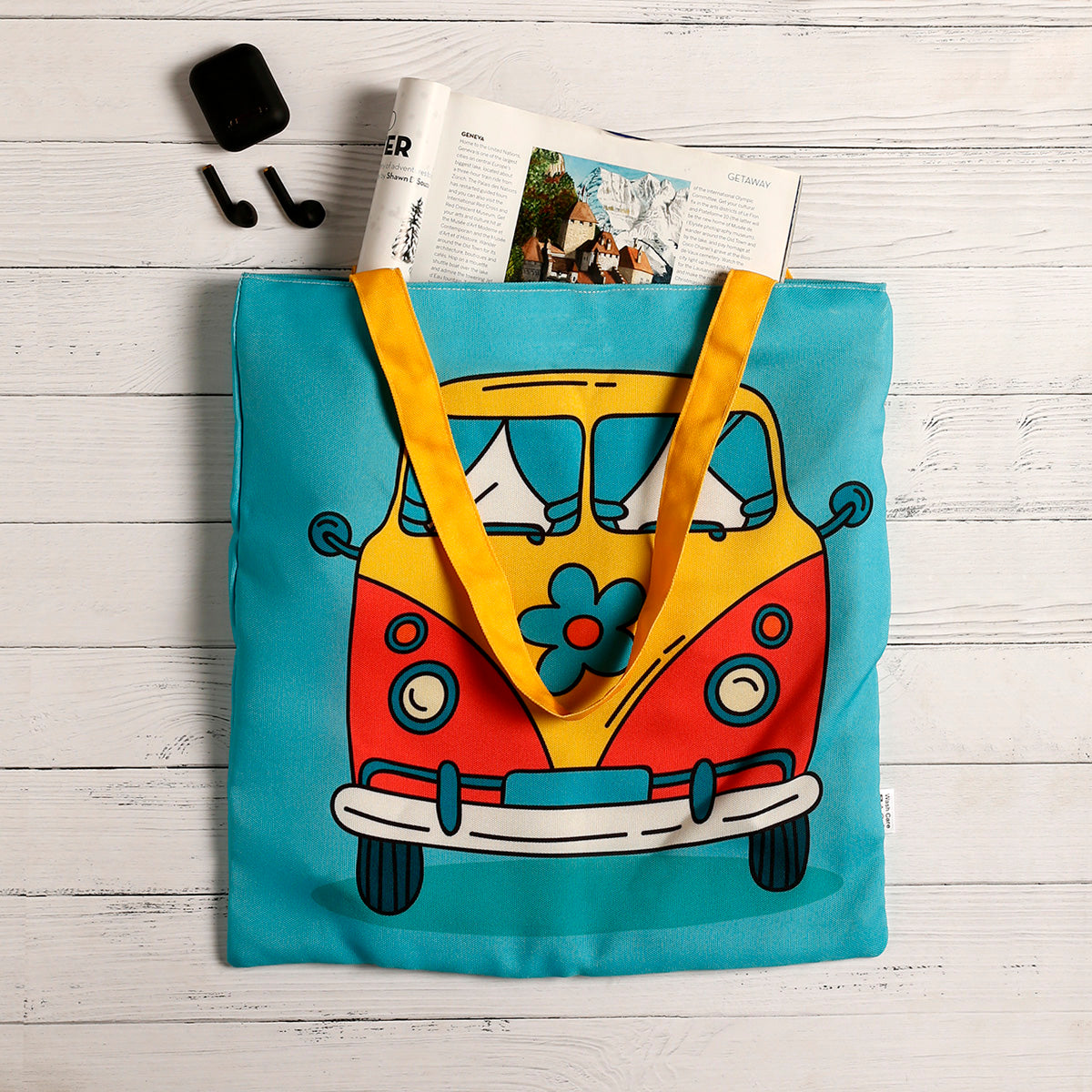 Colorful tote bag with cartoon van design, perfect for carrying your essentials in style.