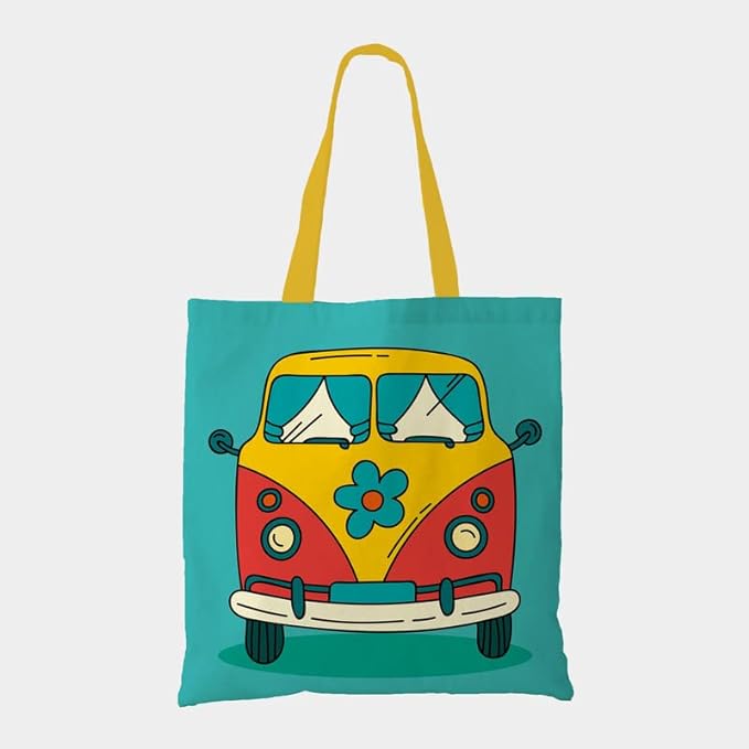 Vibrant tote bag featuring a cute cartoon van, ideal for adding a pop of color to your outfit.