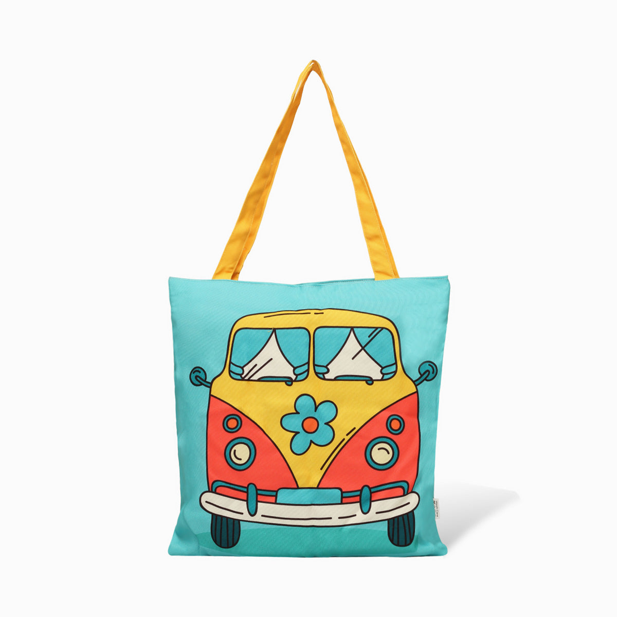 Fun tote bag with whimsical van illustration, great for adding a playful touch to your look.