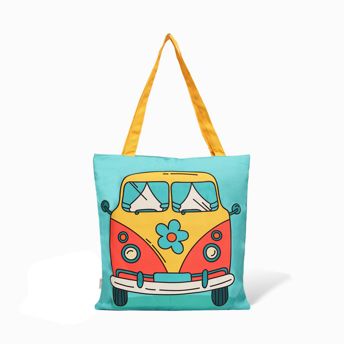 Fun tote bag with whimsical van illustration, great for adding a playful touch to your look.