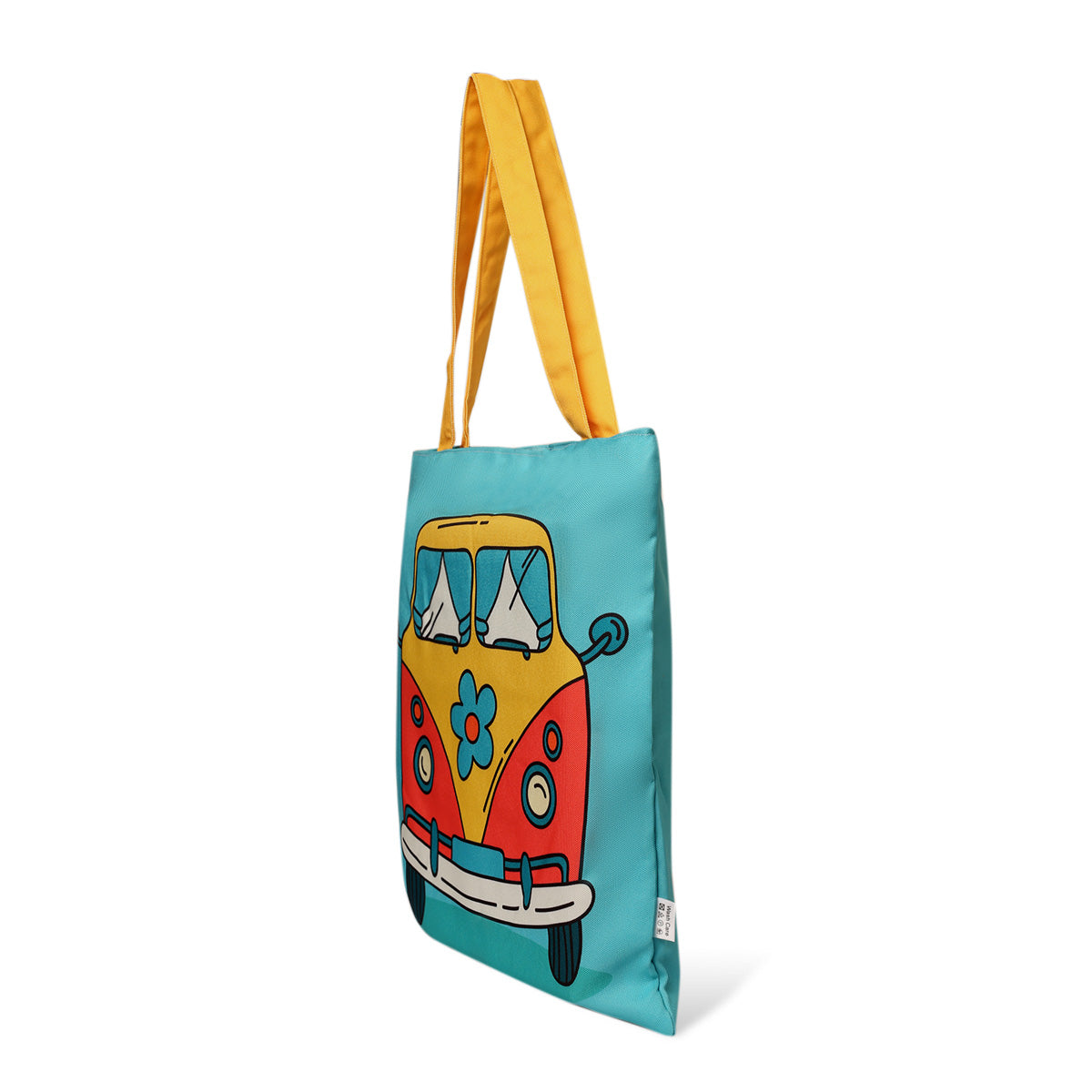 Colorful tote bag with cartoon van design