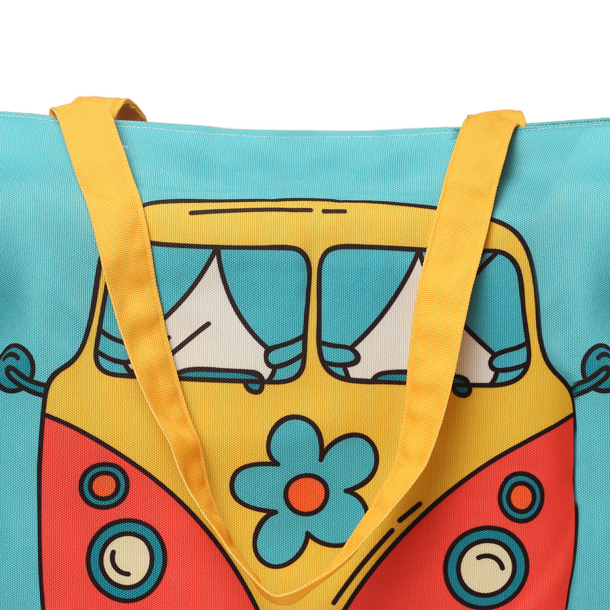 Vibrant tote bag featuring a cute cartoon van