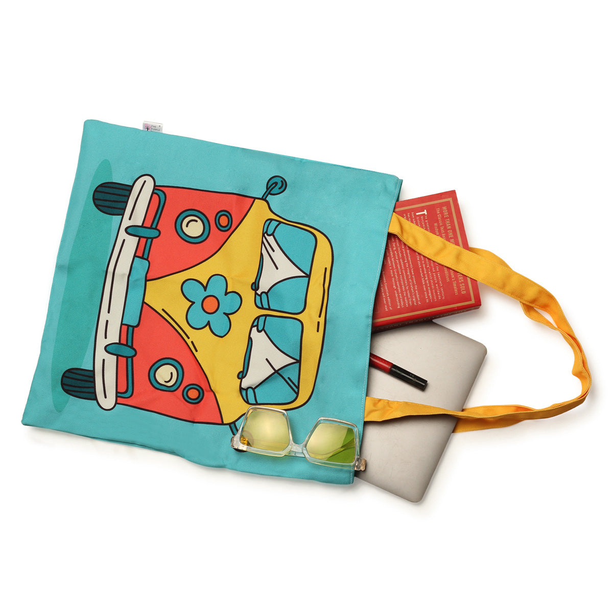 Vibrant tote bag featuring a cute cartoon van in yellow red and teal color with yellow color handle
