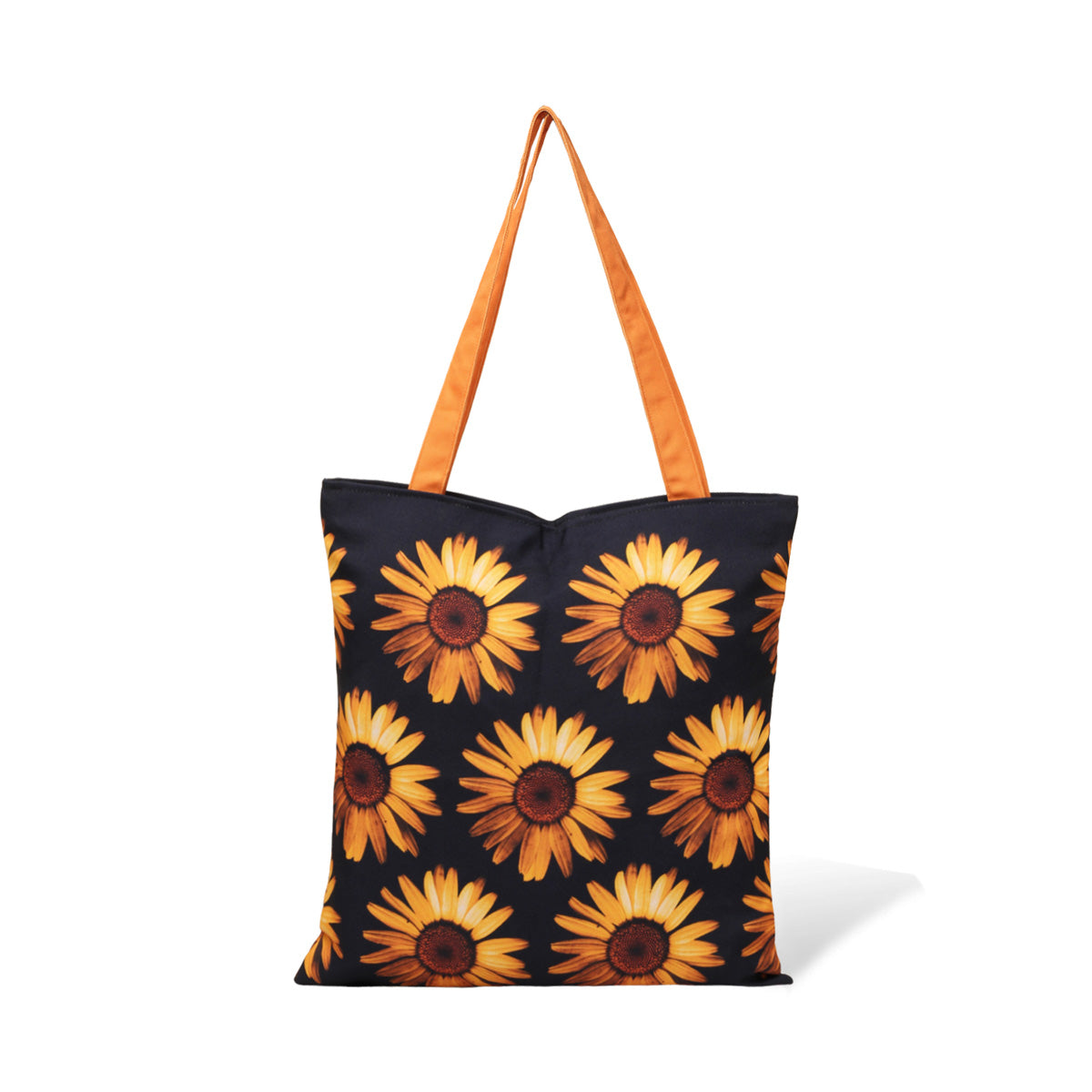 A stylish tote bag with black and orange colors, adorned with beautiful sunflowers. Perfect for adding a pop of color to your outfit!