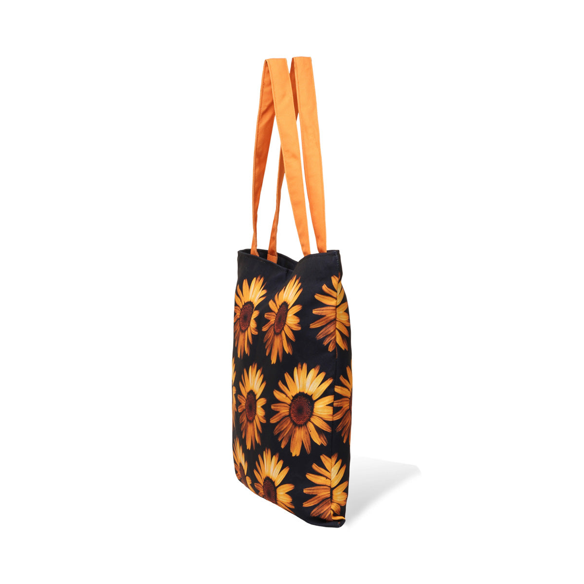 Side view of Black and orange tote bag featuring vibrant sunflowers.