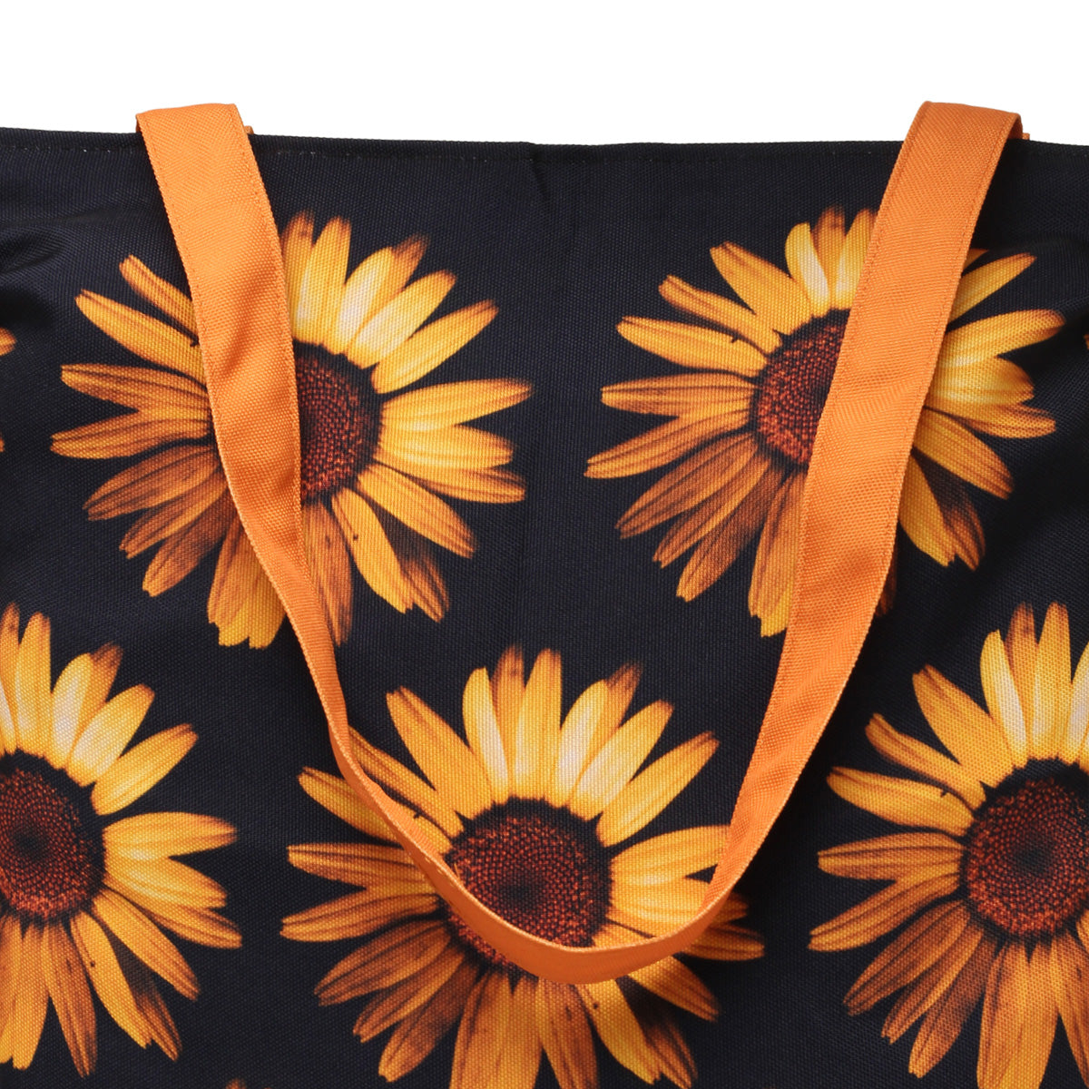 Stylish tote bag in black and orange with sunflower design.
