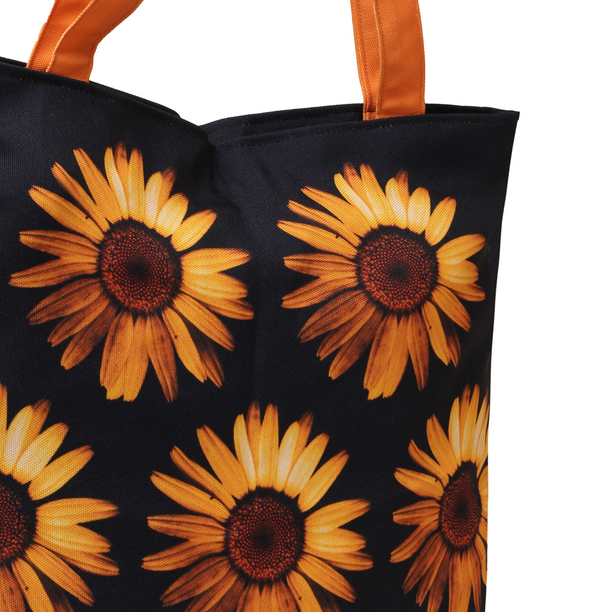Chic tote bag adorned with sunflowers in black and orange.