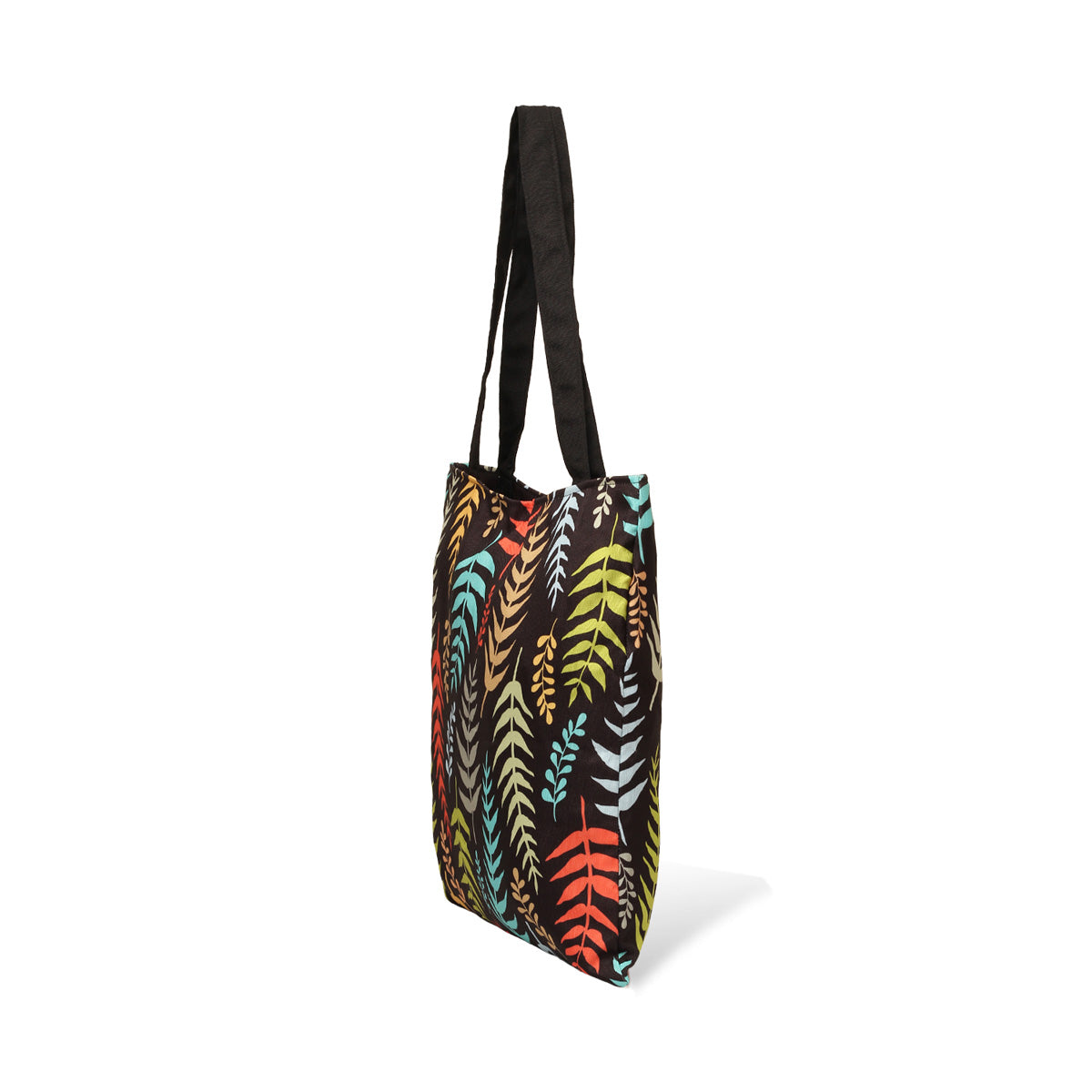Side view of Stylish tote bag featuring colorful fern leaf print