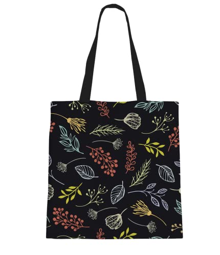 A black tote bag adorned with vibrant leaves and flowers.