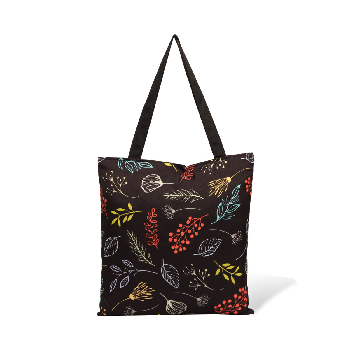 Colorful foliage and flowers decorate a black tote bag.