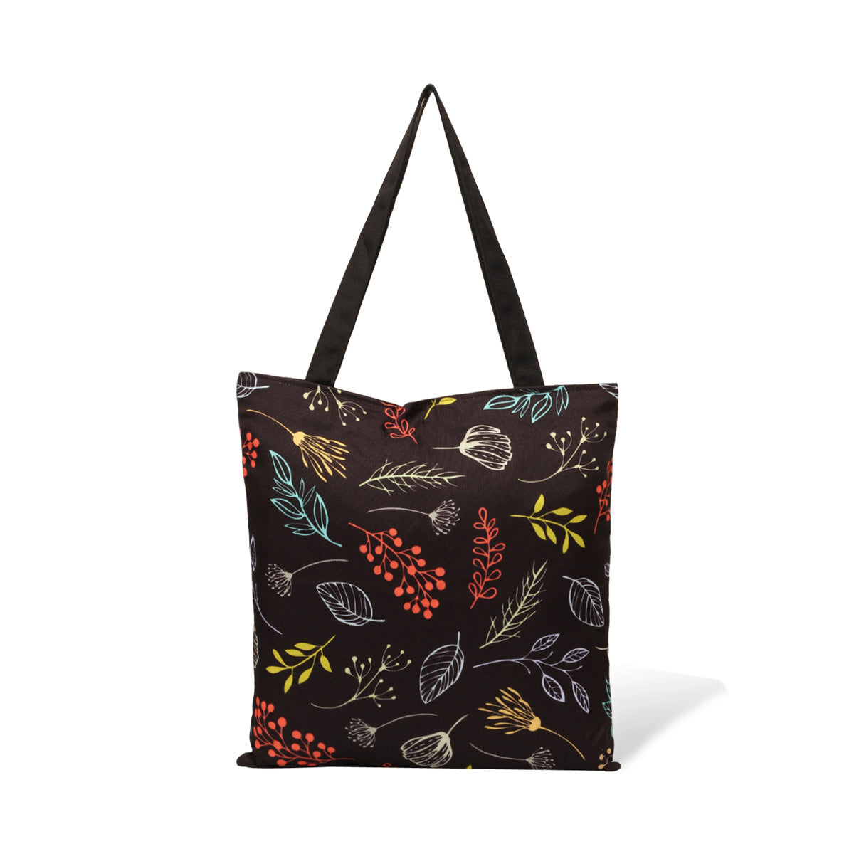 Vibrant leaves and flowers on a black tote bag.