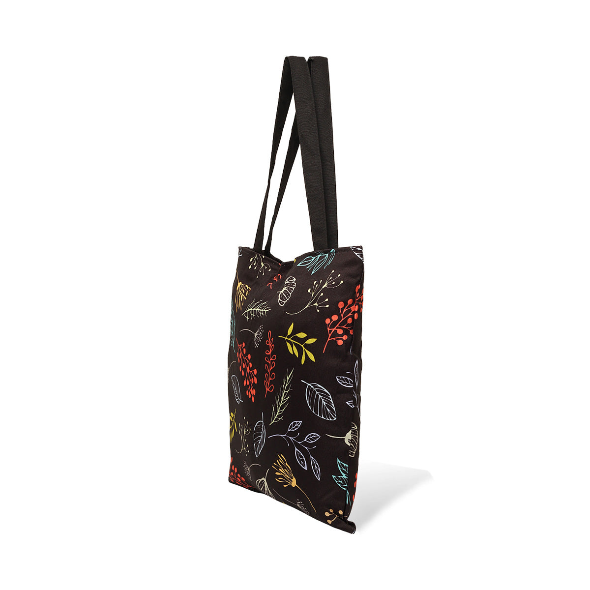Side view of Black tote bag featuring colorful leaves and flowers.