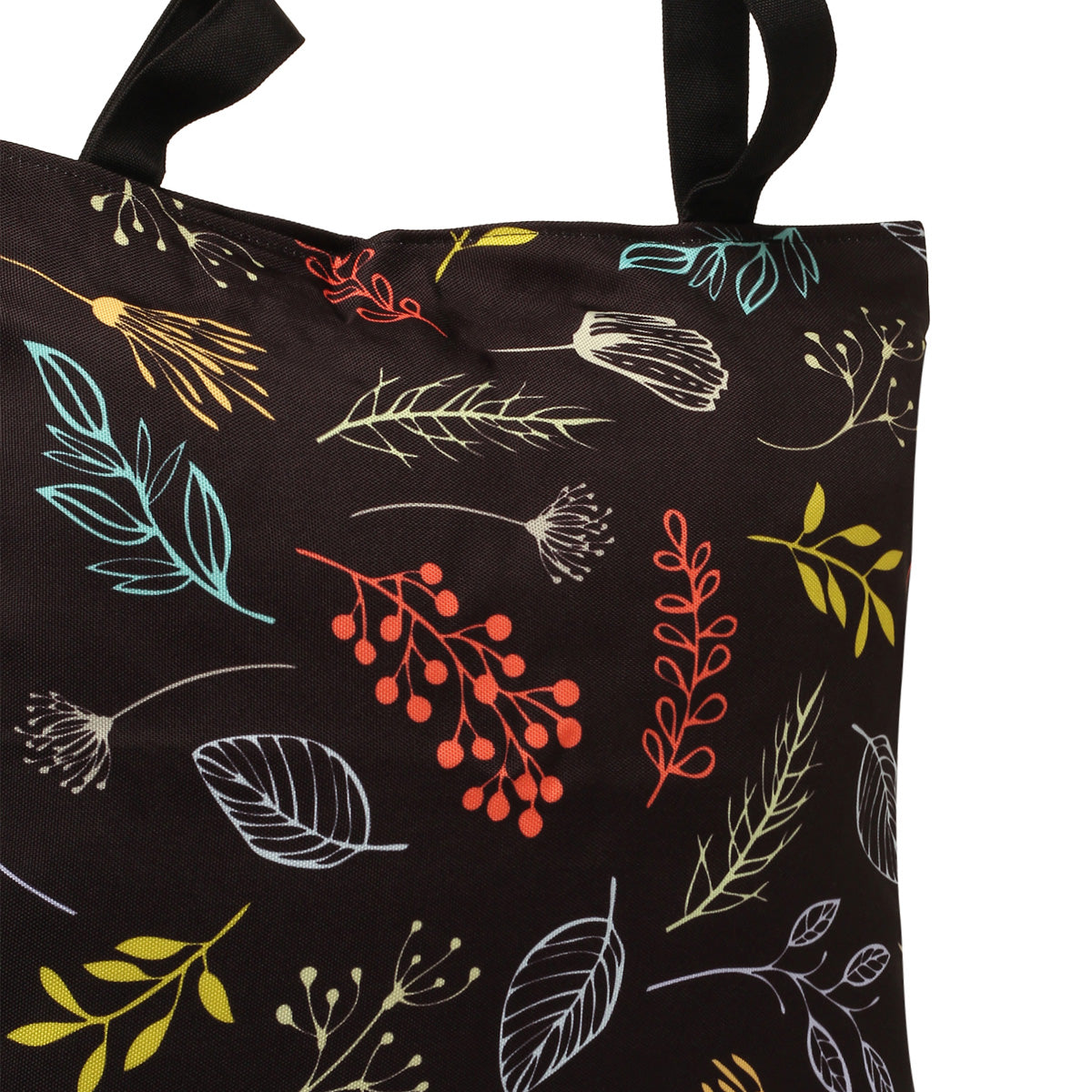 A black tote bag with a pop of colorful leaves and flowers