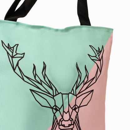 Pink and green tote bag with deer head design.