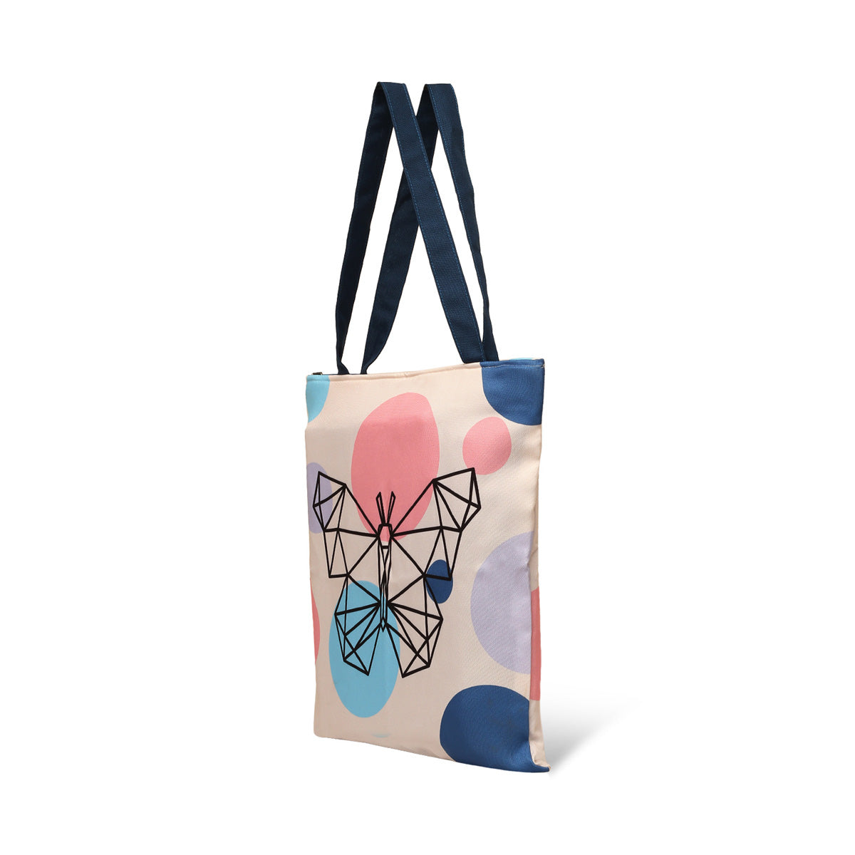 tote bag side view with butterfly prints and blue color handle