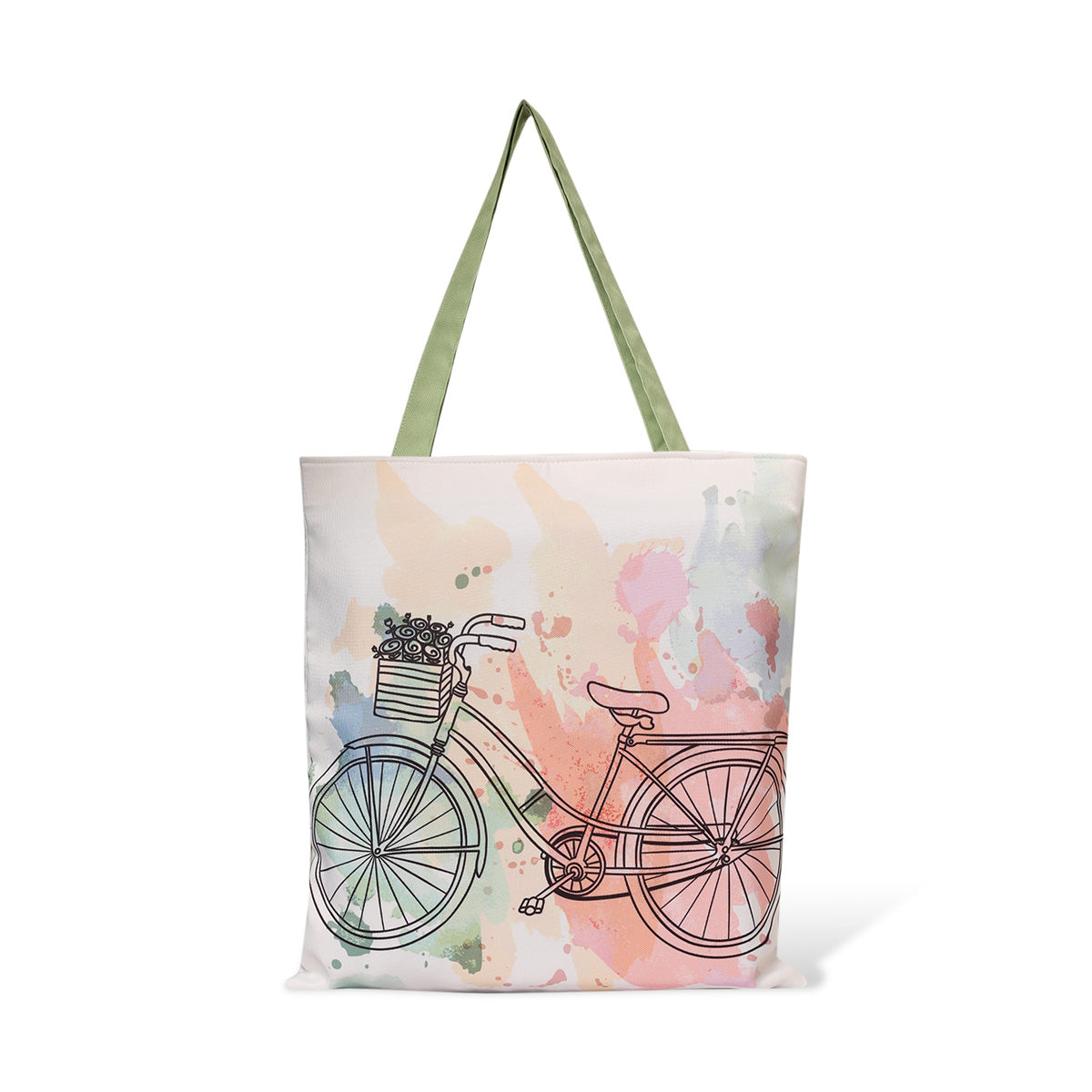 Trendy tote bag with a cute bicycle print, ideal for adding a pop of fun to your outfit.