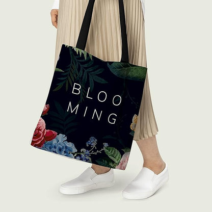 Trendy tote bag adorned with a variety of colorful blossoms, ideal for a chic and feminine touch.