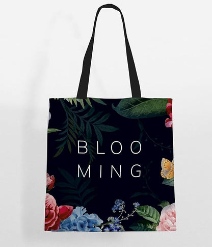 A vibrant tote bag with beautiful blooming flowers, perfect for adding a touch of color to your everyday style.