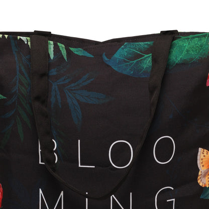 Black printed tote bag zoom view of handle
