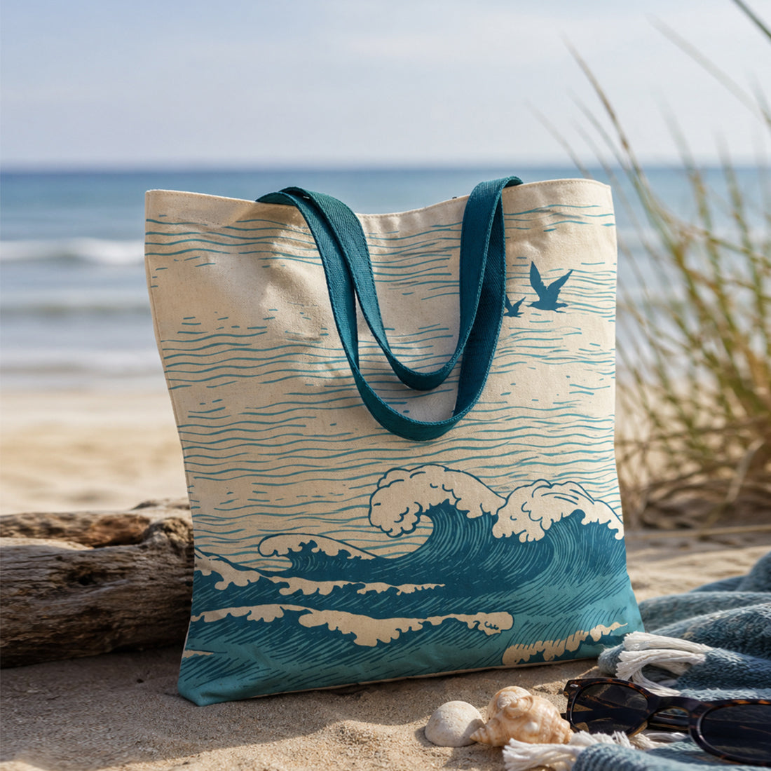 Tote bag with wave design on a sandy beach