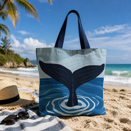 Tote bag with whale design on a beach