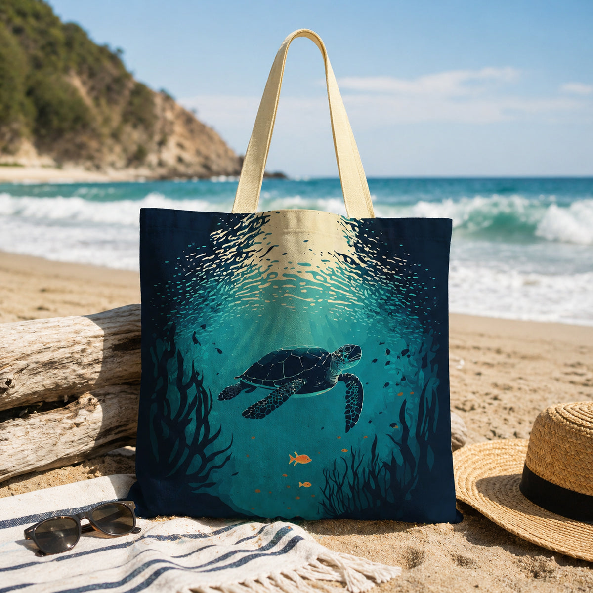 Tote bag with turtle design on a beach