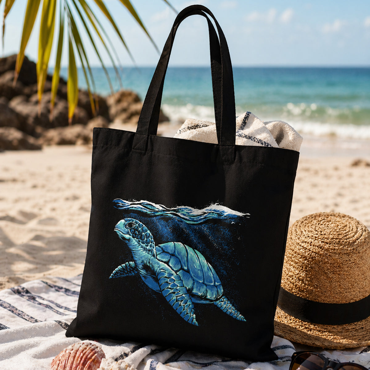 Black tote bag with a blue turtle design on a beach setting