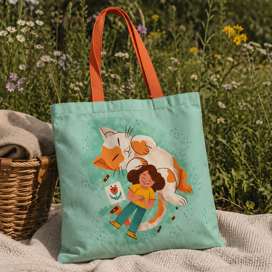 Tote bag with a cat and person illustration in a field