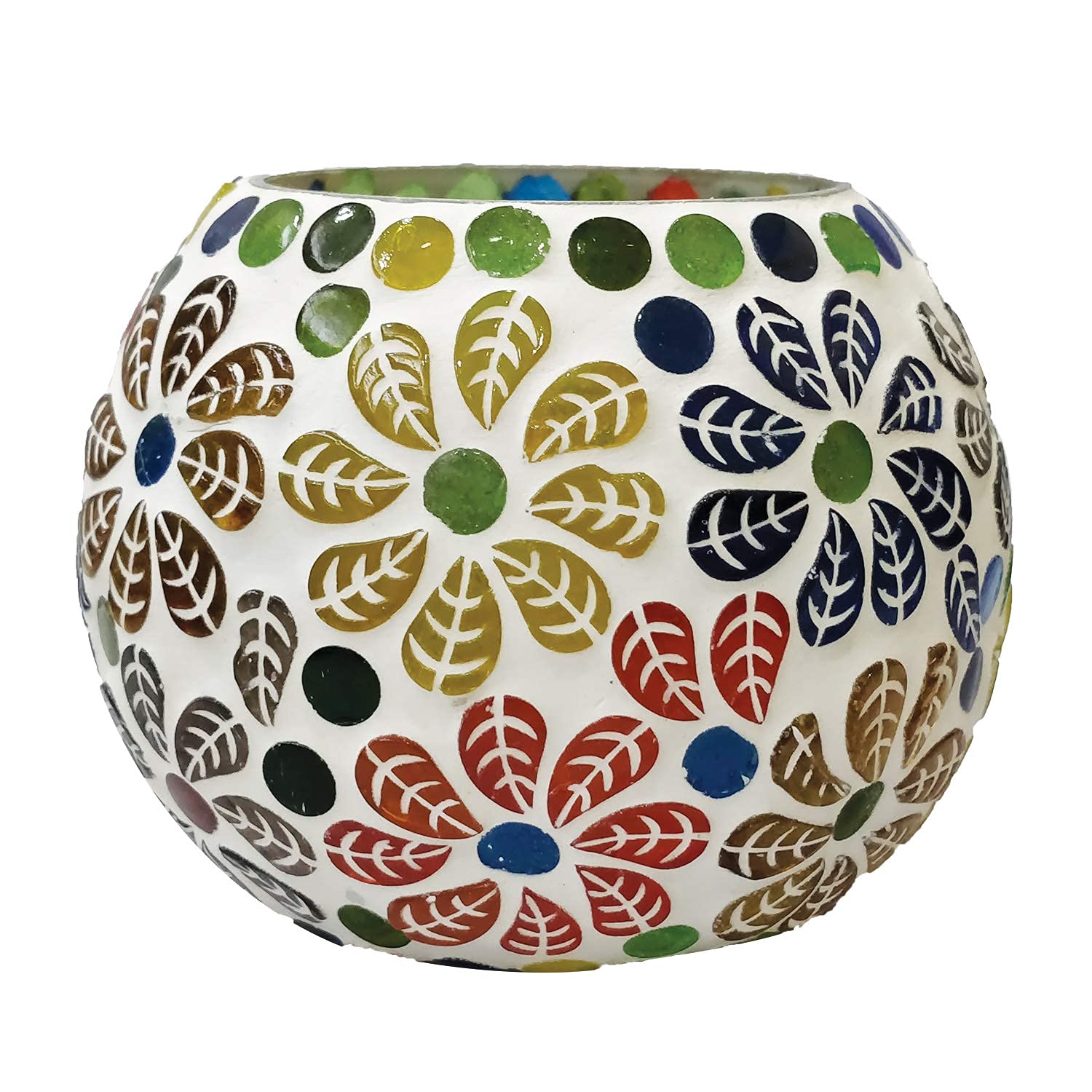 Two vibrant glass tealights on table.