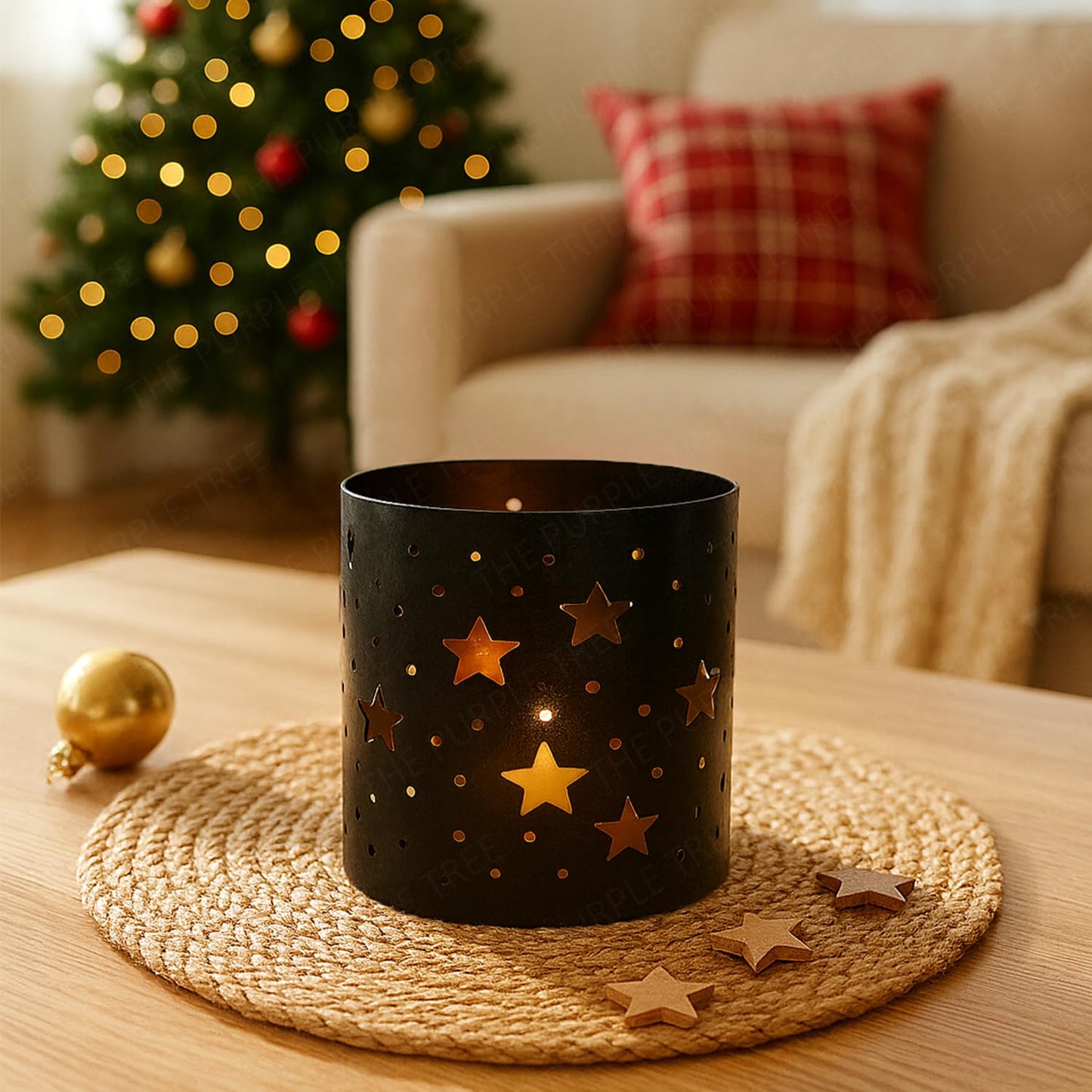 Decorative black candle holder with star patterns on a woven mat in a festive living room.