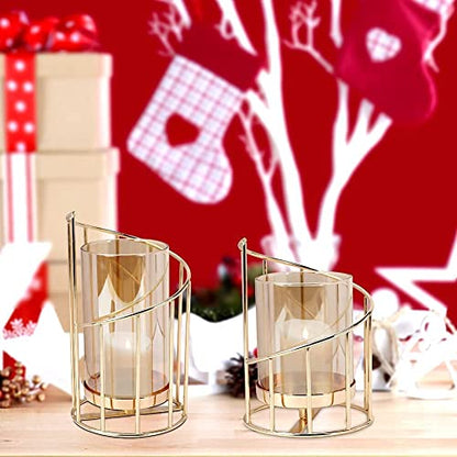 Stylish candle holder with gold metal frame and glass