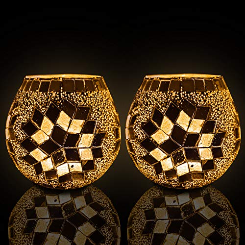  Glass candle holder with intricate gold mosaic detailing, a chic accent piece for any space.