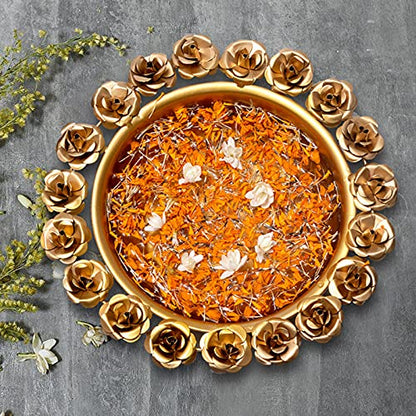 Shiny gold plate featuring beautiful red flowers and gold accents.