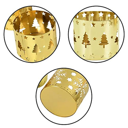 Three gold tea lights with Christmas designs, adding a festive touch to any holiday decor.