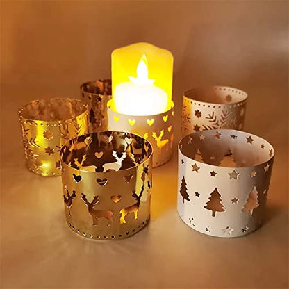 Three gold tea lights with festive Christmas designs, perfect for adding a warm glow to your holiday decor.