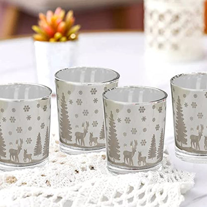 Stylish glass candle holder showcasing a deer and trees illustration, a beautiful accent piece for your home.