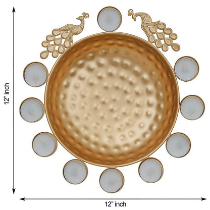 A gold plate adorned with flowers and candles, creating an elegant and enchanting ambiance.