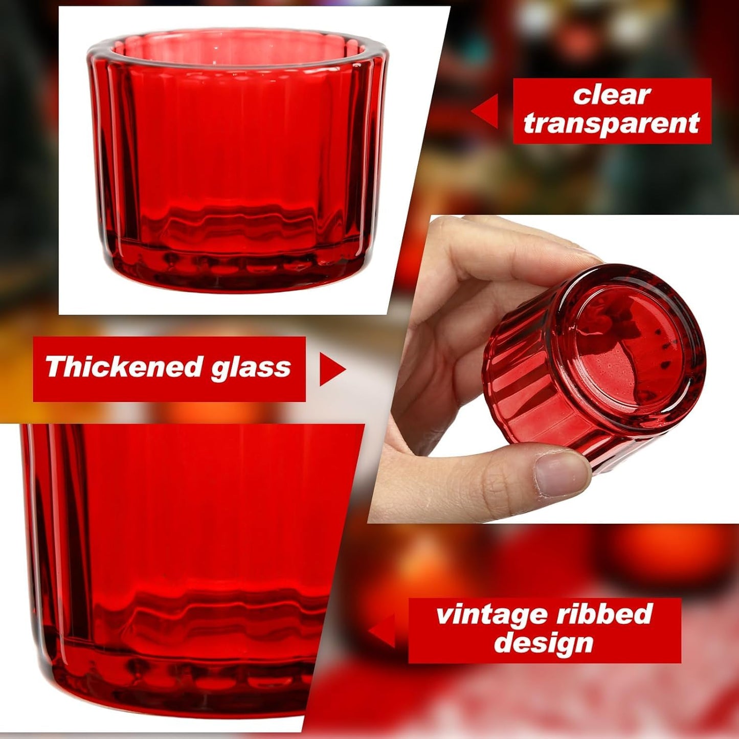 Red glass with vintage ribbed design, thickened glass, and clear transparent features.