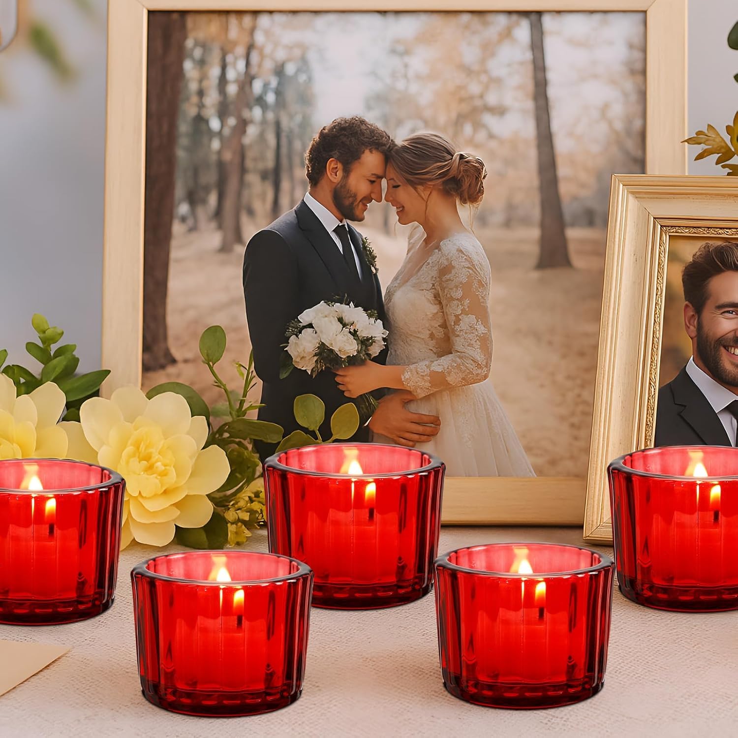 Red candles on a table with framed photos of a couple in the background